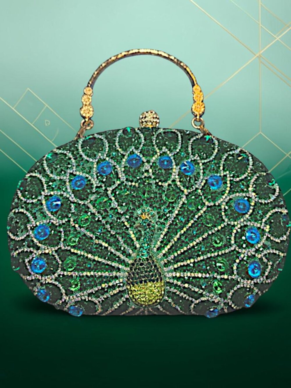 Peacock GREEN Rhinestone Evening Bag Luxury Beaded Clutch Purse Gold Trim Chain